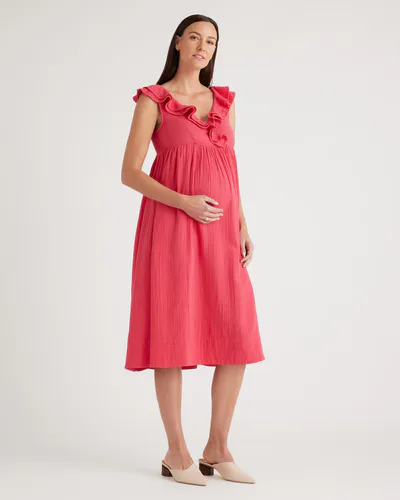 Quince Organic Cotton Gauze Maternity Ruffle Front Dress