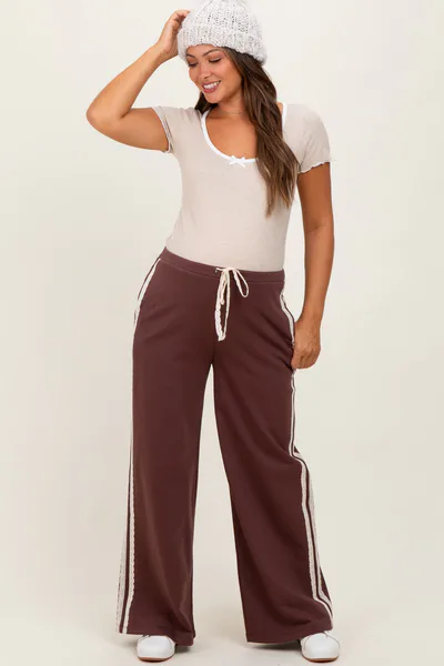 PinkBlush Brown Lace Stripe Drawstring Maternity Lounge Pants
