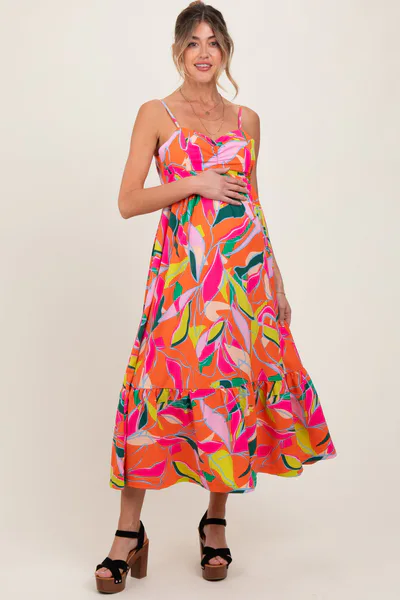 PinkBlush Orange Leaf Print Tie Back Maternity Maxi Dress
