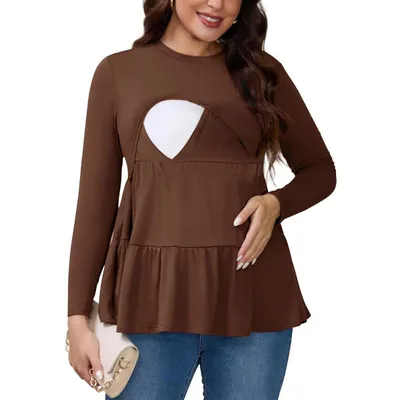 Target INSPIRE CHIC Womens Nursing Shirts Breastfeeding Tiered Pleated Tunic Long Sleeve Stretchy T-Shirt Postpartum Maternity Small Brown
