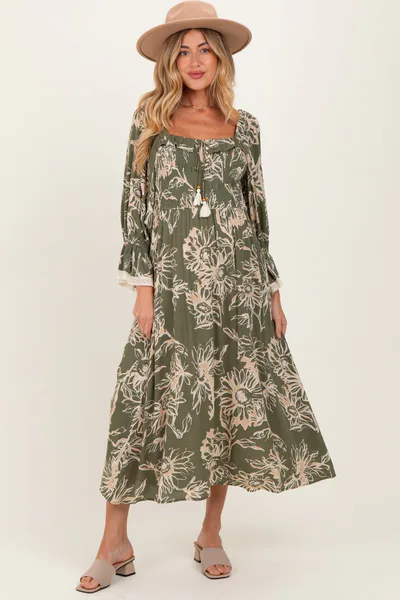 PinkBlush Olive Floral Smocked 3/4 Sleeve Maternity Midi Dress