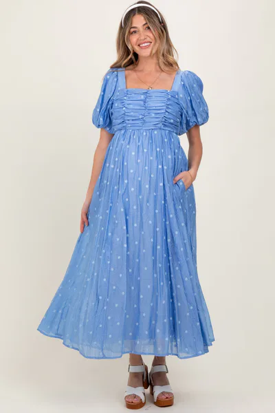 PinkBlush Blue Embroidered Shirred Puff Sleeve Maternity Maxi Dress