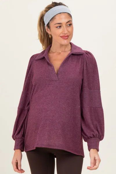PinkBlush Plum Brushed Colorblock Long Sleeve Collared V-Neck Maternity Top