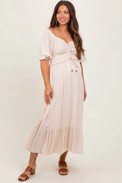 PinkBlush Taupe Smocked Cinched Front Maternity Maxi Dress