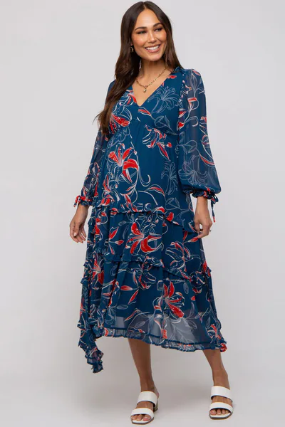 PinkBlush Dark Teal Floral Chiffon Ruffle Tiered Maternity Midi Dress