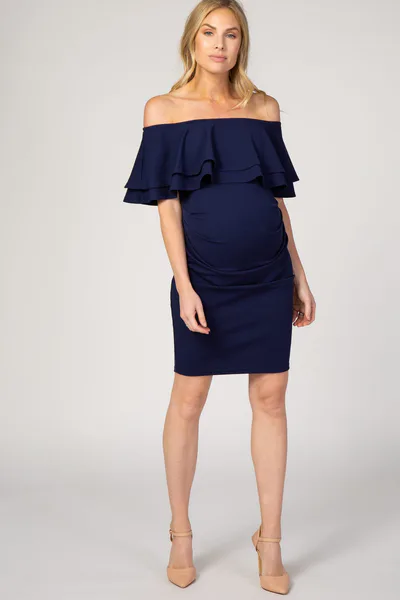 PinkBlush Navy Ruffle Off Shoulder Ruched Maternity Dress
