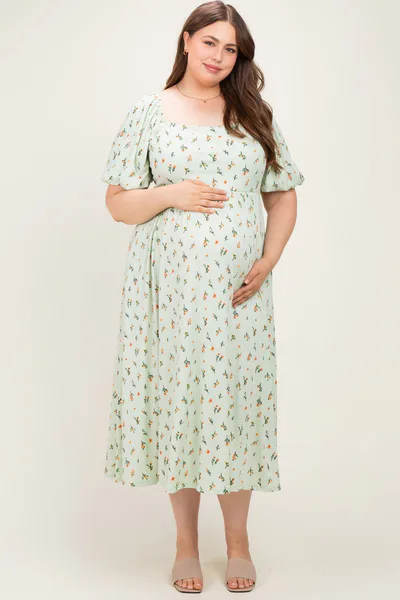 PinkBlush Sage Floral Square Neck Puff Sleeve Maternity Plus Dress