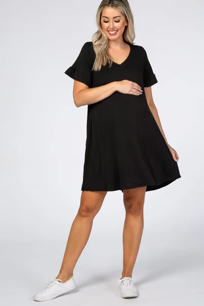 PinkBlush Black Ruffle Sleeve Swing Maternity Dress