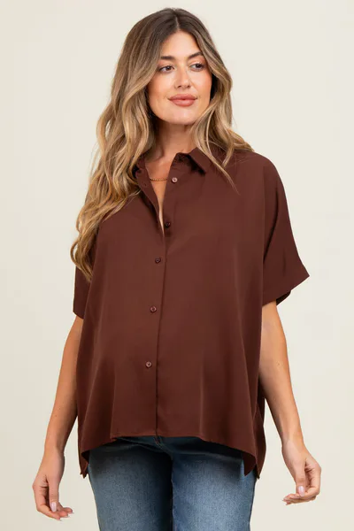 PinkBlush Brown Dolman Sleeve Button Down Maternity Blouse