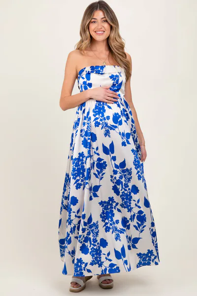 PinkBlush Blue Strapless Back Tie Maternity Maxi Dress