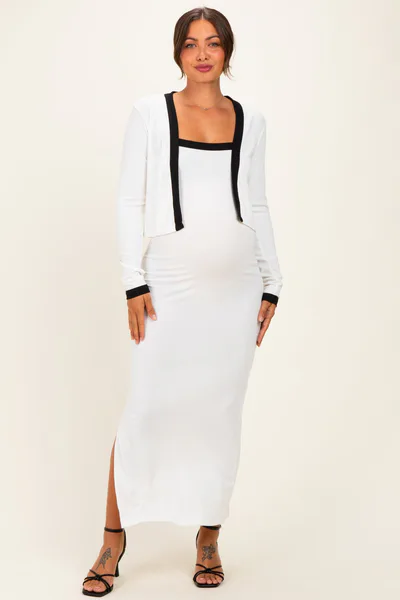 PinkBlush White/ Black Color Block Sleeveless Fitted Dress Maternity Cardigan Set