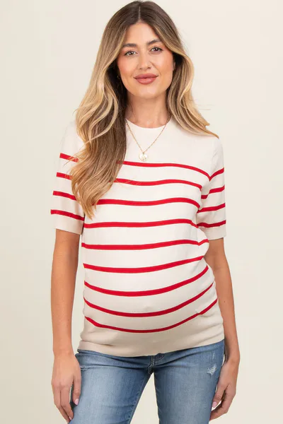 PinkBlush Red Striped Knit Maternity Short Sleeve Top