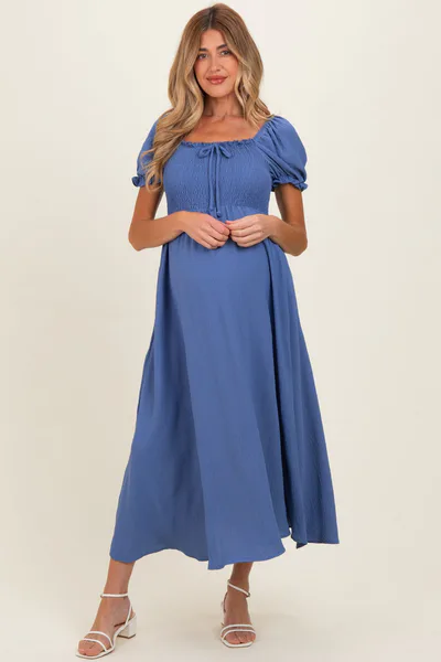 PinkBlush Blue Square Neck Puff Sleeve Maternity Midi Dress