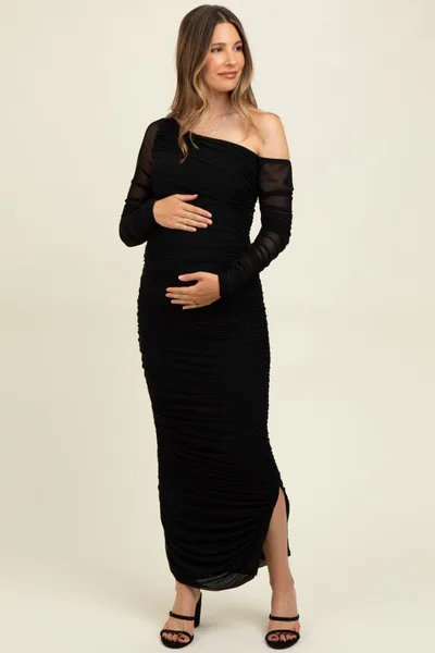 PinkBlush Black Ruched Mesh One Shoulder Long Sleeve Maternity Maxi Dress