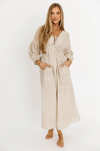 Worth Collective Hunter 100% Cotton Midi Dress in Natural Plaid - Bump Friendly