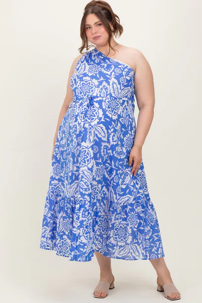 PinkBlush Royal Blue Floral One Shoulder Maternity Plus Maxi Dress