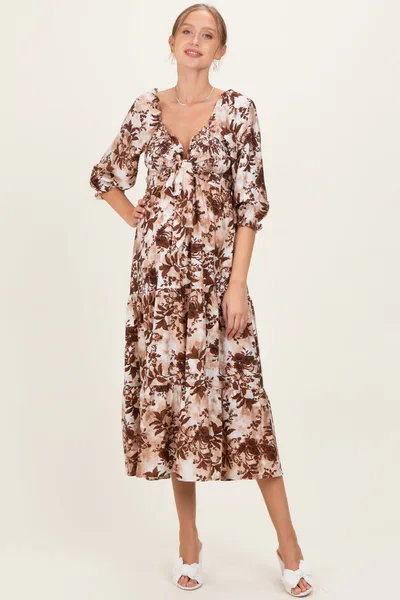 PinkBlush Brown Floral Smocked Front Tie Maternity Maxi Dress
