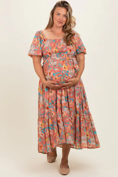 PinkBlush Pink Floral Smocked Puffed Sleeve Maternity Plus Midi Dress