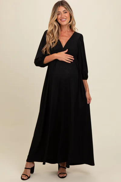 PinkBlush Black Glitter V-Neck Maternity Maxi Dress