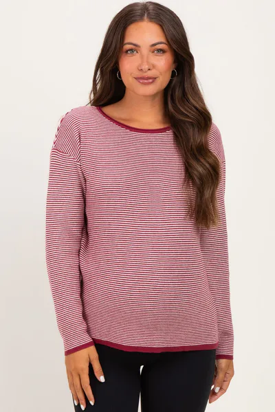 PinkBlush Burgundy Striped Waffle Knit Maternity Sweater