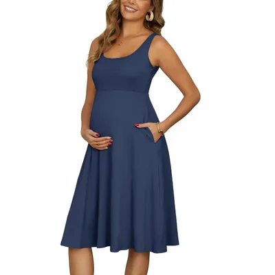 Target INSPIRE CHIC Women's Maternity Dresses A-Line Sleeveless Summer Sundress Flare Tank Dress with Pockets Small Blue