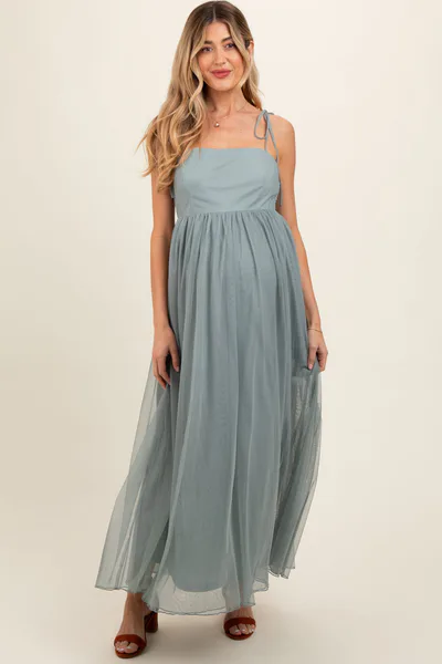 PinkBlush Green Square Neck Shoulder Tie Tulle Maternity Maxi Dress