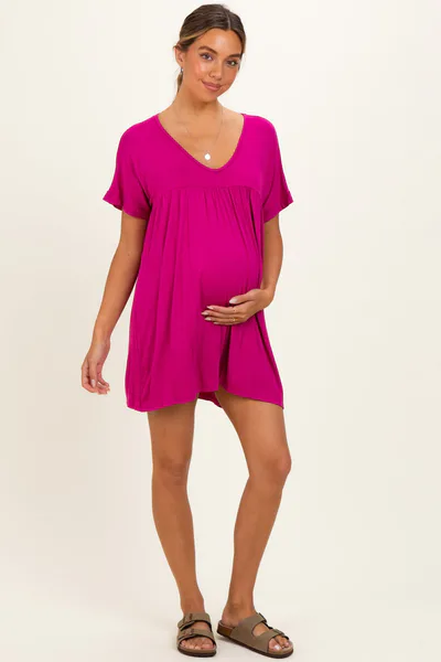 PinkBlush Magenta V-Neck Basic Maternity Dress