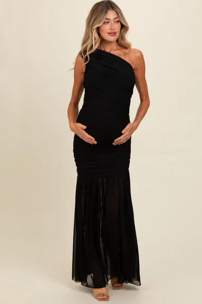 PinkBlush Black Ruched Mesh One Shoulder Maternity Maxi Dress