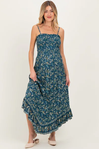 PinkBlush Deep Teal Floral Smocked Handkerchief Hem Maternity Dress