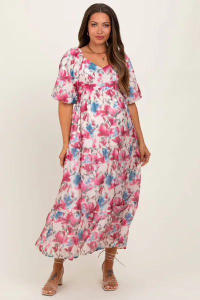PinkBlush Pink Floral Tiered Puff Sleeve Maternity Midi Dress