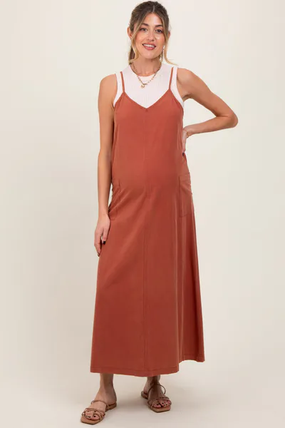 PinkBlush Rust V-Neck Overall Maternity Midi Dress