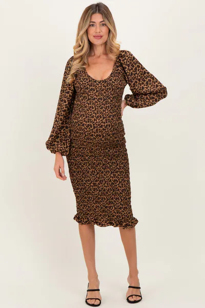 PinkBlush Brown Leopard Print Bodycon Maternity Midi Dress