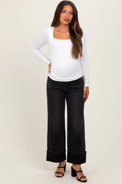 PinkBlush Black Cuffed Relaxed Wide Leg Maternity Jeans