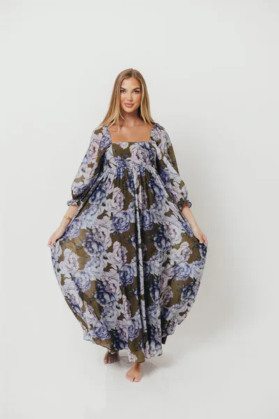 Worth Collective Mona Maxi Dress in Olive/Blue Floral - Bump Friendly