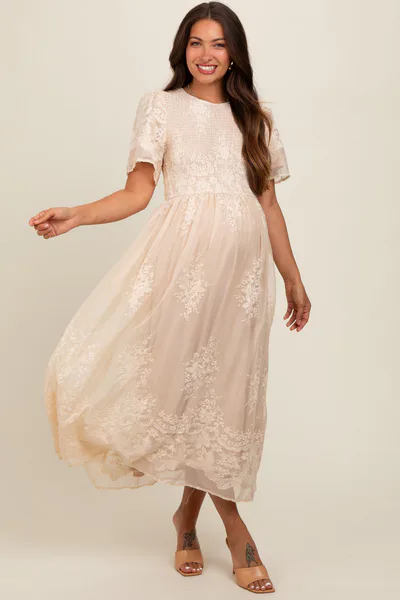 PinkBlush Cream Embroidered Smocked Maternity Midi Dress