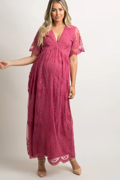 PinkBlush PinkBlush Magenta Lace Mesh Overlay Maternity Maxi Dress