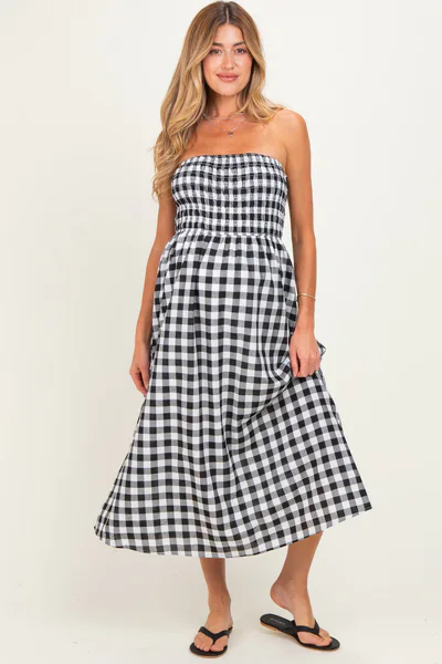 PinkBlush Black White Plaid Strapless Smocked Maternity Midi Dress