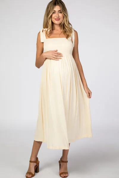 PinkBlush Beige Smocked Tie Strap Maternity Midi Dress