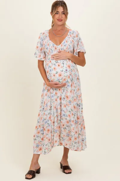 PinkBlush Multicolor Floral Smocked Flutter Sleeve Maternity Maxi Dress