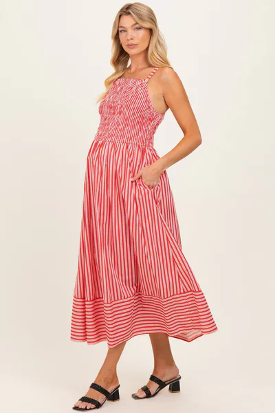 PinkBlush Red Striped Smocked Maternity Midi Dress