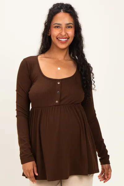 PinkBlush Brown Scoop Neck Button Front Long Sleeve Babydoll Maternity Top