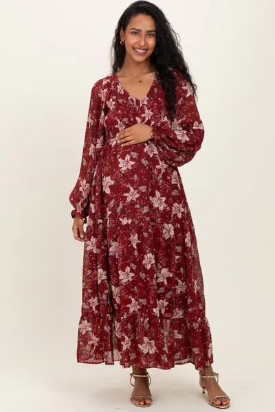PinkBlush Burgundy Smocked Floral Maternity Midi Dress