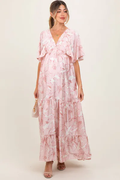 PinkBlush Pink Floral Short Sleeve Deep V-Neck Tiered Maternity Maxi Dress