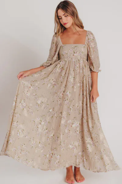 Worth Collective Mona Maxi Dress in Beige/Brown Floral - Bump Friendly (Restocking in May)
