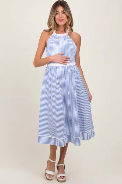 PinkBlush Blue Striped Halter Maternity Tie Back Cutout Maternity Midi Dress