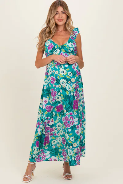 PinkBlush Teal Floral V-Neck Ruffle Strap Maternity Maxi Dress