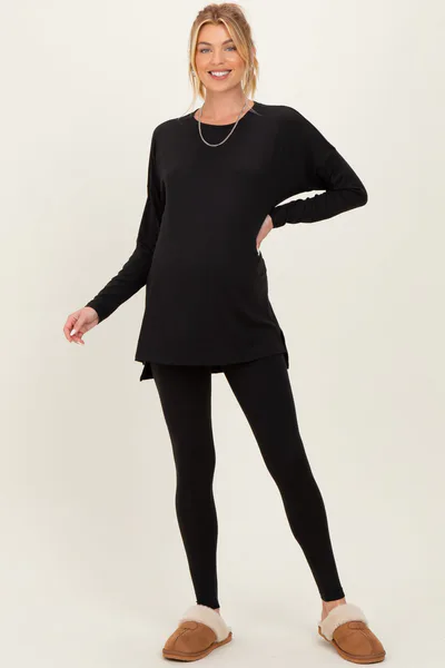PinkBlush Black Brushed Knit Maternity Oversized Top and Legging Set