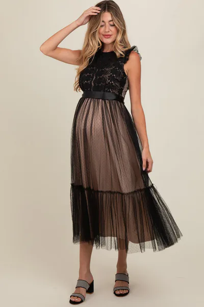 PinkBlush Black Lace Contrast Tulle Maternity Maxi Dress