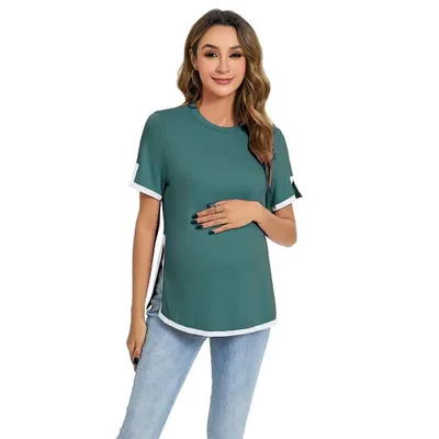 Target WhizMax Maternity Tops Women's Maternity Shirts Short Sleeve Color Block Split Hem Tunic Tops Pregnancy Clothes for Women£¨darkgreen,M)