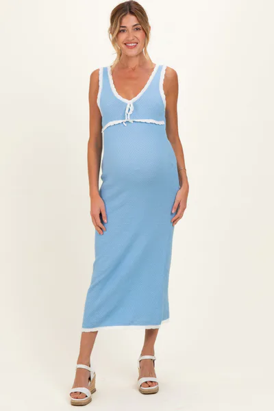 PinkBlush Light Blue Knit Sleeveless Contrast Trim Maternity Maxi Dress